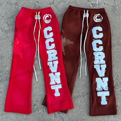 Oem Factory Thick Cotton Vintage Washed Sweatpants Distressed Embroidery Logo Patched Applique Flared Sweatpants for Men