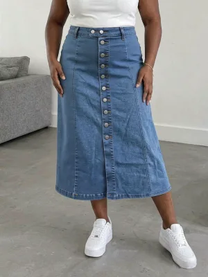 Plus Size Women's Casual Natural Waist Half-Length A-Line Denim Skirt Washed Sexy Slim Breathable Hip Buttons Solid Summer