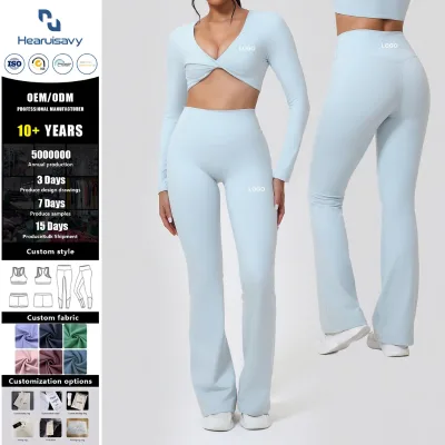 Womens 2-Piece Yoga Set Square Neck Twist Front Long Sleeve Crop Top + High-Waist Flare Pants Soft Stretchy Solid