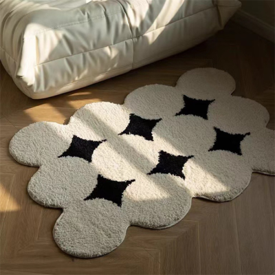 Home Decoration Bedroom Bath Room Mat Round logo Anti slip Tuft Rug Black and White square Floor Rug