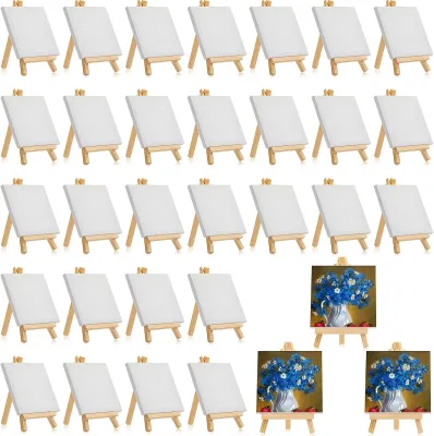 32 Pack Canvas with Easel ,4 X 4 Inch Factory Supply White Wooden Kids Painting Canvas Set on Stand with Stretched Canvas