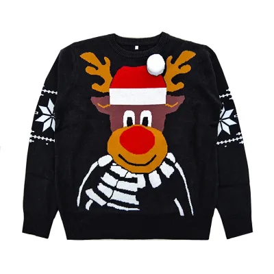 OEM ODM Unisex Christmas Knitted Sweater Design Funny Cartoon Elk Ugly Christmas Black Sweaters Men