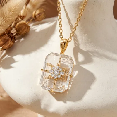 Natural Healing Crystal Gift Jewelry 925 Silver Octagram Champagne Gold Plated Unmelting Ice Emerald Cut clear Quartz Necklace