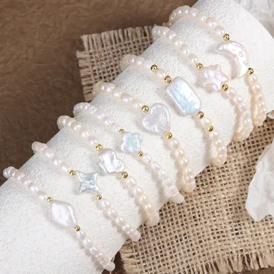 Fashion Heart Star Moon Natural Pearls Brass Gold Beads Bracelet Baroque Freshwater Pearl Bracelets