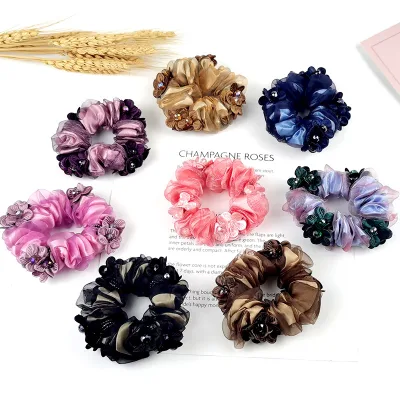 Korean Style Fabric Hair Accessories Organza Double Floral All-over Large Scrunchie Sequin Pearl Women Scrunchies