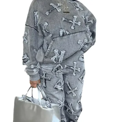 Women's New Autumn Print Pocket Long Sleeve Hoodie Two-piece Set