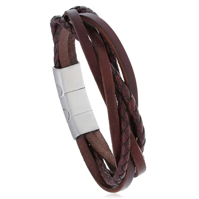 New model stainless steel magnetic clasp bracelet, hand-woven vintage leather cuff bracelet handpiece