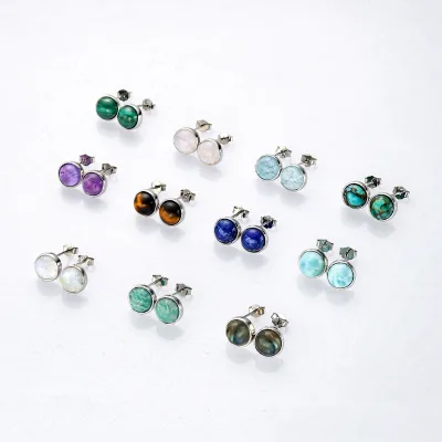 Rhodium Plated 925 Sterling Silver Women Healing Crystal Moonstone Studs Larimar Round Gemstone Earring