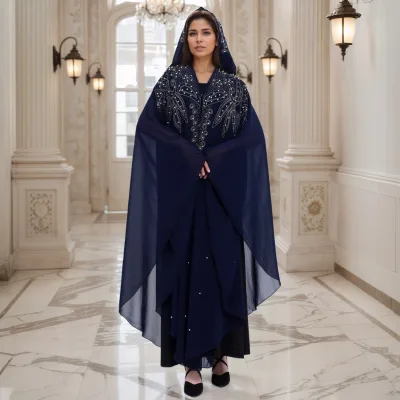 2025 Middle East African Style Robe Muslim Hot Drilled Nail Beads Bat Sleeve Shawl Hooded Cape Dress