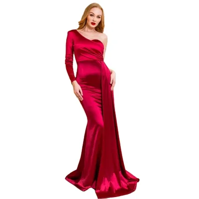 Fashionable Newest Commodity One Sleeve Evening Satin Maxi Dress Gown Burgundy Draped Bodycon Floor Length Prom Dresses