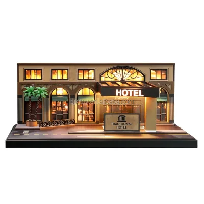 1/64 Scale Retro-Style Hotel Building Scene Model 1/64 Diorama Miniature Display Box with Lighting for Diecast Car Model