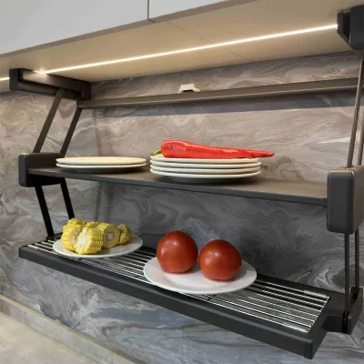 Modern 2-Tier Aluminum Alloy Steel ABS Adjustable Folding Space-Saving Storage Rack Retractable Dish Organizer Kitchen Cabinet