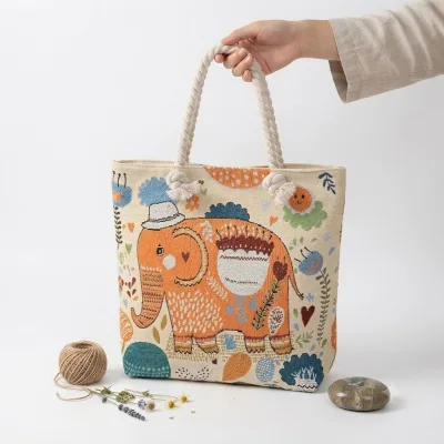 Cute Elephant Hat Jacquard Canvas Tote Bag Rope Handle Shoulder Handbag for Womens Casual Daily