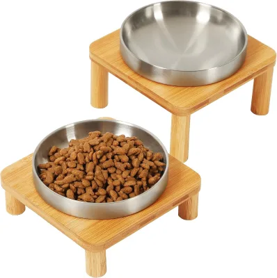 Elevated Bamboo Cat Bowls Stand-5.5 Inch Wide Eco-Friendly Fashion Design Whisker Friendly Silver Set of 2 for Indoor Cats