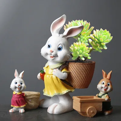 Creative Easter Decoration Cartoon Animal Resin Crafts Green Plant Flower Pot Cute Easter Bunny Easter Gift Holiday Decorations