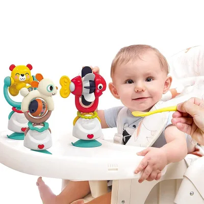 Early Educational 2 in 1 Multifunctional Shaking Suction Cup Tray Soft Toy Baby Silicone Teething Rattle for Newborn