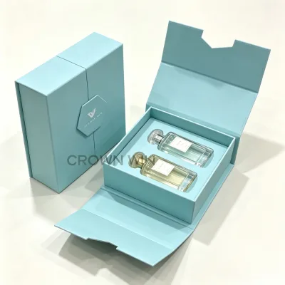Ribbon Handle Magnetic Closure Rigid Gift Box Custom Logo Gold Foil Emblem Recycled Materials High End Brand Cosmetic Packaging