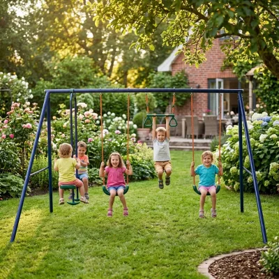 Backyard Playground Metal & Plastic Stand Kids Five Seats Glider Swings Sets for Daycare & Kindergarten Outdoor Use