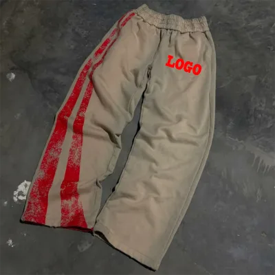 Customized high quality silk-screen printing elastic waistband acid wash distressed trousers baggy stacked wide leg sweat pants