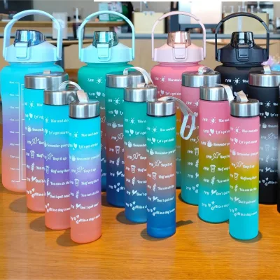 Set of 4 gradient color frosted water cup portable carry rope space cup sports water bottle large capacity bouncing straw cups
