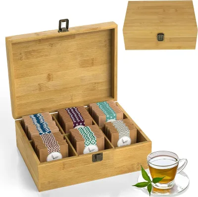 Tea Organizer Box Food Safe Chemical Free Bamboo Rectangle Storage Chest Tall Adjustable Cubbies (6-Slot 11" X 8.1" X 4.2"