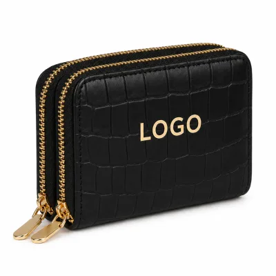 Custom Black PU Leather Wallet Crocodile Embossed Double Zipper Coin Purse for Shopping Gift
