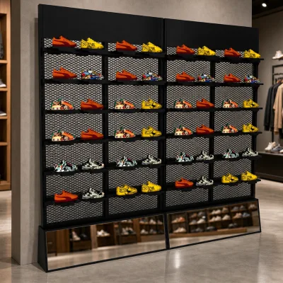 Footwear Retail Display Rack with Expanded Mesh Back Individual Shoe Shelves and Mirror Base for Stores