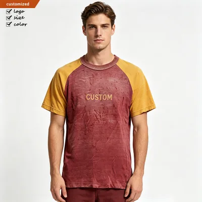 Custom Raglan Sleeve Washed Distressed T-Shirt Chain Embroidery Slim Fit Thick Rib Collar Short Sleeve Men's Cotton Top Shirt