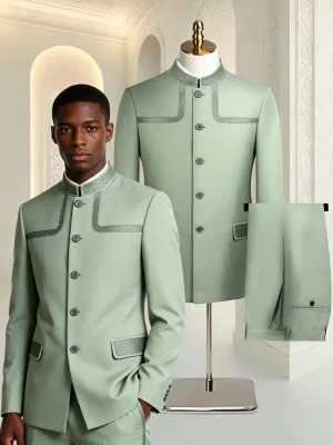 African Men's Ethnic Clothing Standing Collar Suit Set Two Piece Suit for Business Banquet Business Suit for Self Cultivation
