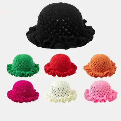 Spring Autumn Hollow Out Knitted Solid Color Bucket Hat for Women Fashion Trendy Crochet Fishermen Hat with Ruffle Edge