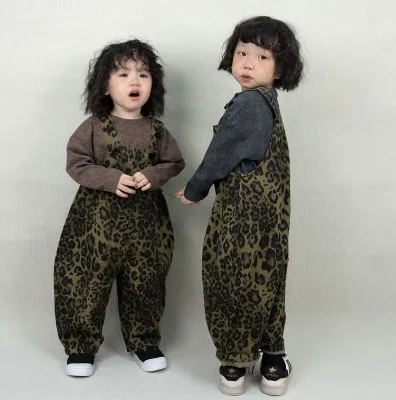 2024 Autumn 100% Cotton Children's Pants Overalls Retro Loose Leopard Print Jumpsuit Boys and Girls Tooling Wide-leg Trousers