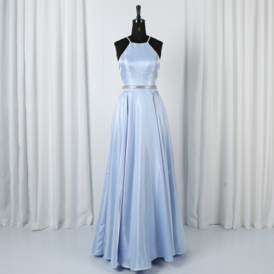 Women Prom Gowns Scoop Neck a Line Spaghetti Satin Slit Sky Blue Long Evening Gown Prom Dress Party
