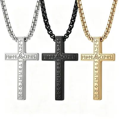 Stainless Steel Cross Necklace, Nordic Rune Viking Irish Knot Pendant, Personality Niche Jewelry for Men Unisex