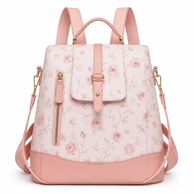 Wholesale PU Floral Backpack Handbag Elegant Rose Print Shoulder Bag for Women Daily Travel