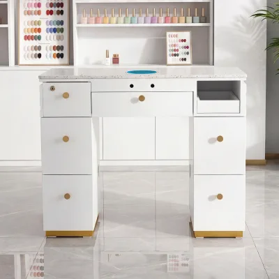 Luxury Double Nail Table with Built-in Dust Collector Modern Manicure Station with Roman Column Legs Gold Accents Beauty Salon