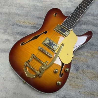High Quality F-Hole Semi-Hollow Jazz TL Electric Guitar with Tremolo Arm, Gold Colored Hardware, Rock-Style