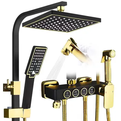 Bathroom Head Shower Column Single Handle Black Stainless Steel Ceramic Valve Core Jet Spray Hot/Cold Water Mixer Faucet Set