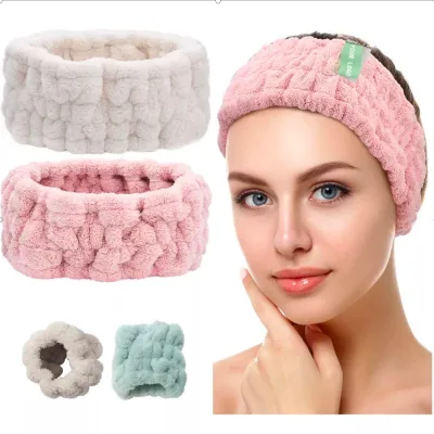 Custom Logo Spa Headband Set Coral Fleece Scrunchies and Wrist Cuff Face Washband with Personalized Design