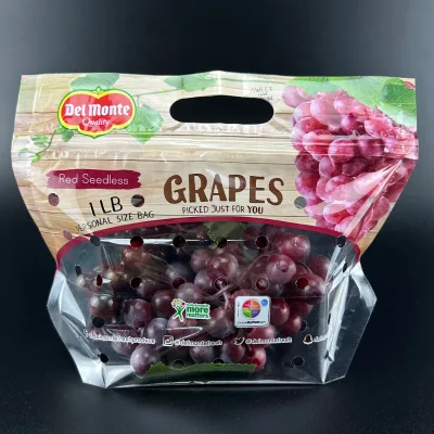 1 LB High Transparent Printing Zipper Fresh Vegetable Fruit Plastic Stand up Grape Protection Bags with Handle