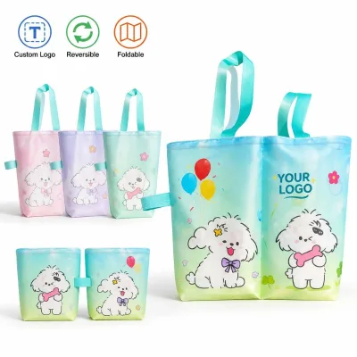 Bulong Oxford Portable Foldable Flip-Two-Use Double-Cup Bag with Cartoon Print for Outdoor Milk Tea Beverage Carrier
