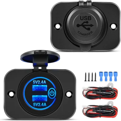 Marine Dual USB Charger 5V 4.8A Quick Charge Socket LED 12V 24V Car Outlet Panel Touch Switch Fused Wire Kit for Cars RVs Supply