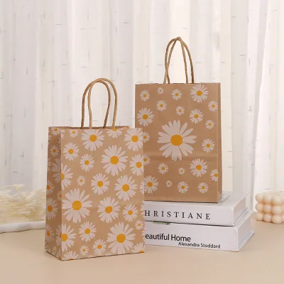 In Stock Kraft Paper Tote Bag Printed Takeout Bag, Wholesale Shopping Bag, Small Daisy Gift Bag Party Gift Packaging Bag