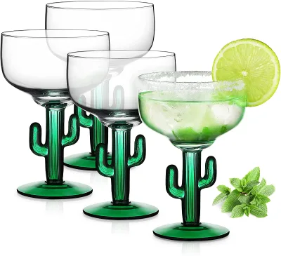 Margarita Glasses Cactus Green Rim Hand Blown Cactus Cocktail Glass