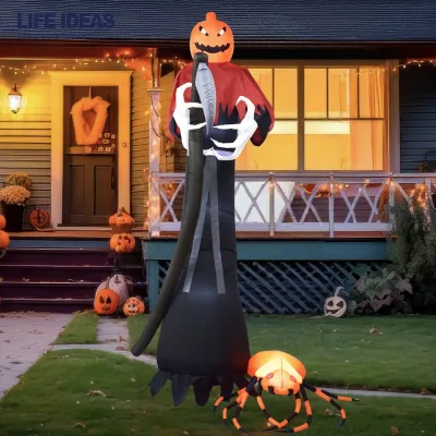 12FT Halloween Inflatables Outdoor Decorations Giant Inflatable Pumpkin Reaper and Spider for Holiday Party