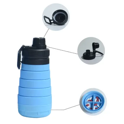 Noval 750ml Food Graded Large Bore Portable Outdoor Folding Collapsible Silicon Water Bottles with Pill Box 5 Storage