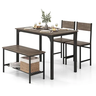 4pcs Rustic Furniture Wooden Kitchen Table 2 Chairs Bench with Storage Dining Table Set for Small Space