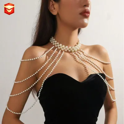 European and American sexy hot girls, multi-layered body chain waist chain, women's fashion show, pearl imitation shoulder