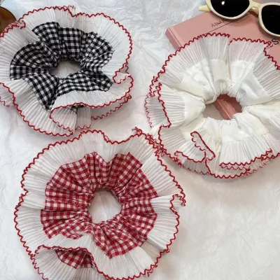 New Women French Hair Tie Elastic Lace Trim Plaid Double Layer Ruffle Hair Scrunchies