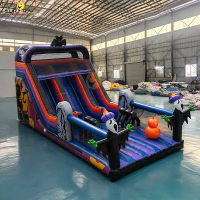 Halloween Inflatable Dual Lane Slide Obstacle Course with Pumpkin Ghost Theme for Event Rental Business Buyers