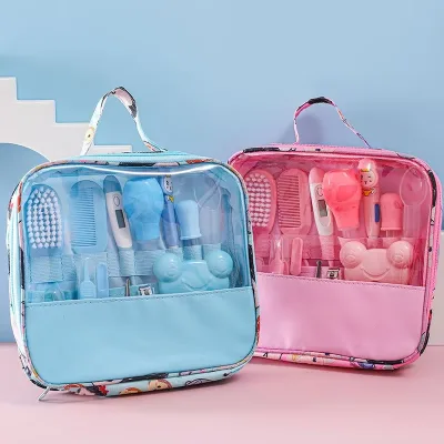 13-Piece Daily Cleaning Care Set for Baby Cloth Bag Including Nasal Aspirator Nail Scissors Thermometer All Plastic Material
